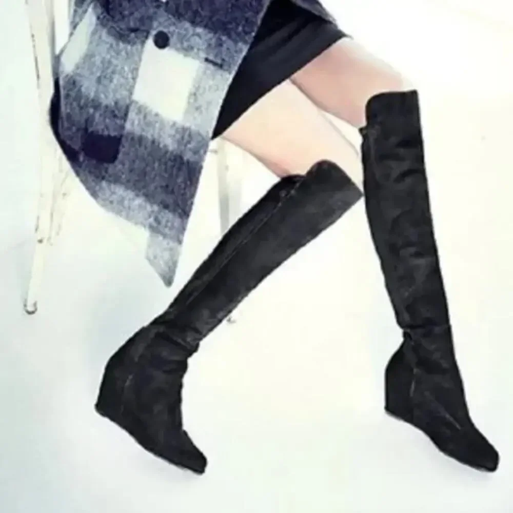 Stuart Weitzman Semi Boot Tall Stretch Back Suede Wedge Round Black OTK 5